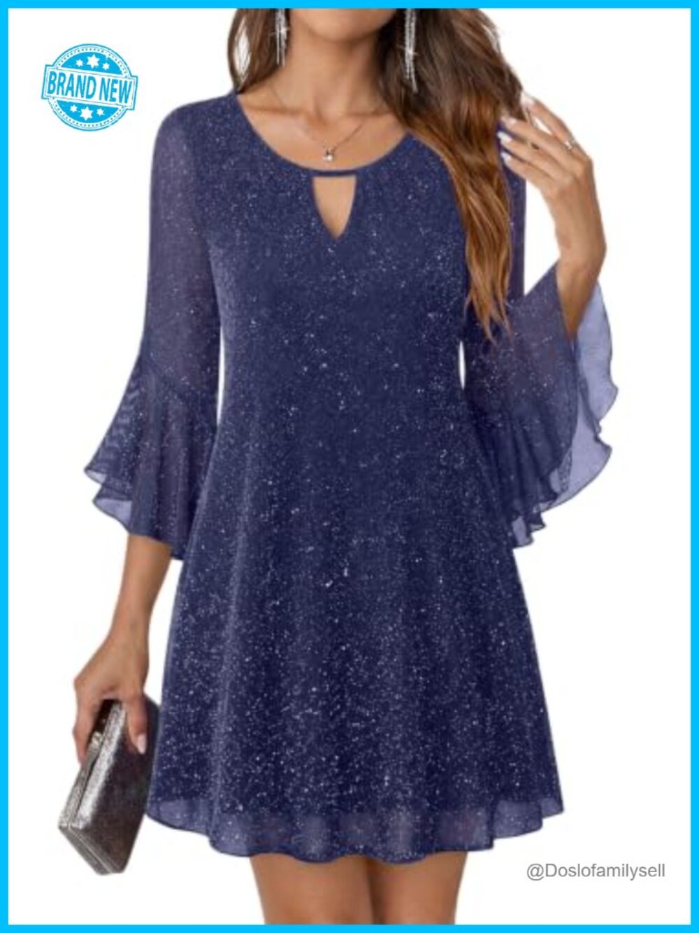 Sparkly Sequin Mesh Cocktail Dress 3/4 Bell Sleeve A-Line Wedding Guest